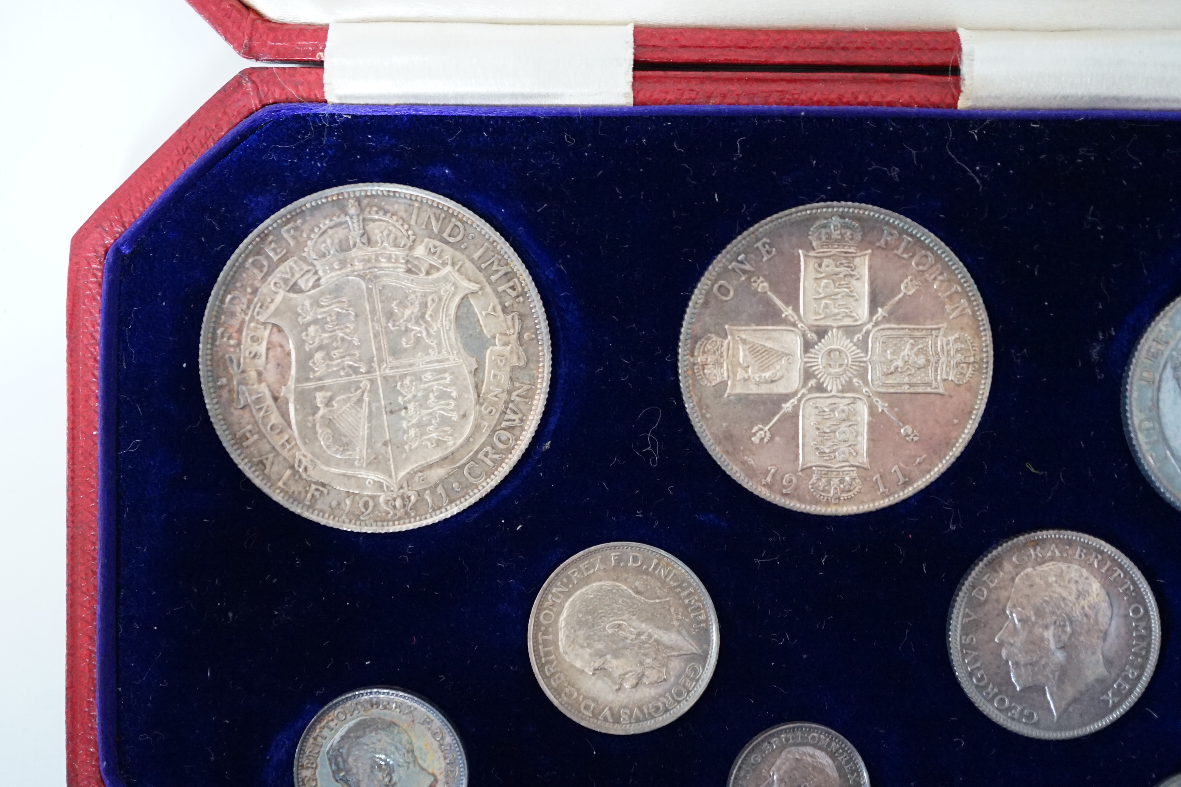 British Silver Coins, George V coronation specimen eight coin set, 1911, ranging from halfcrown to maundy penny, in case of issue